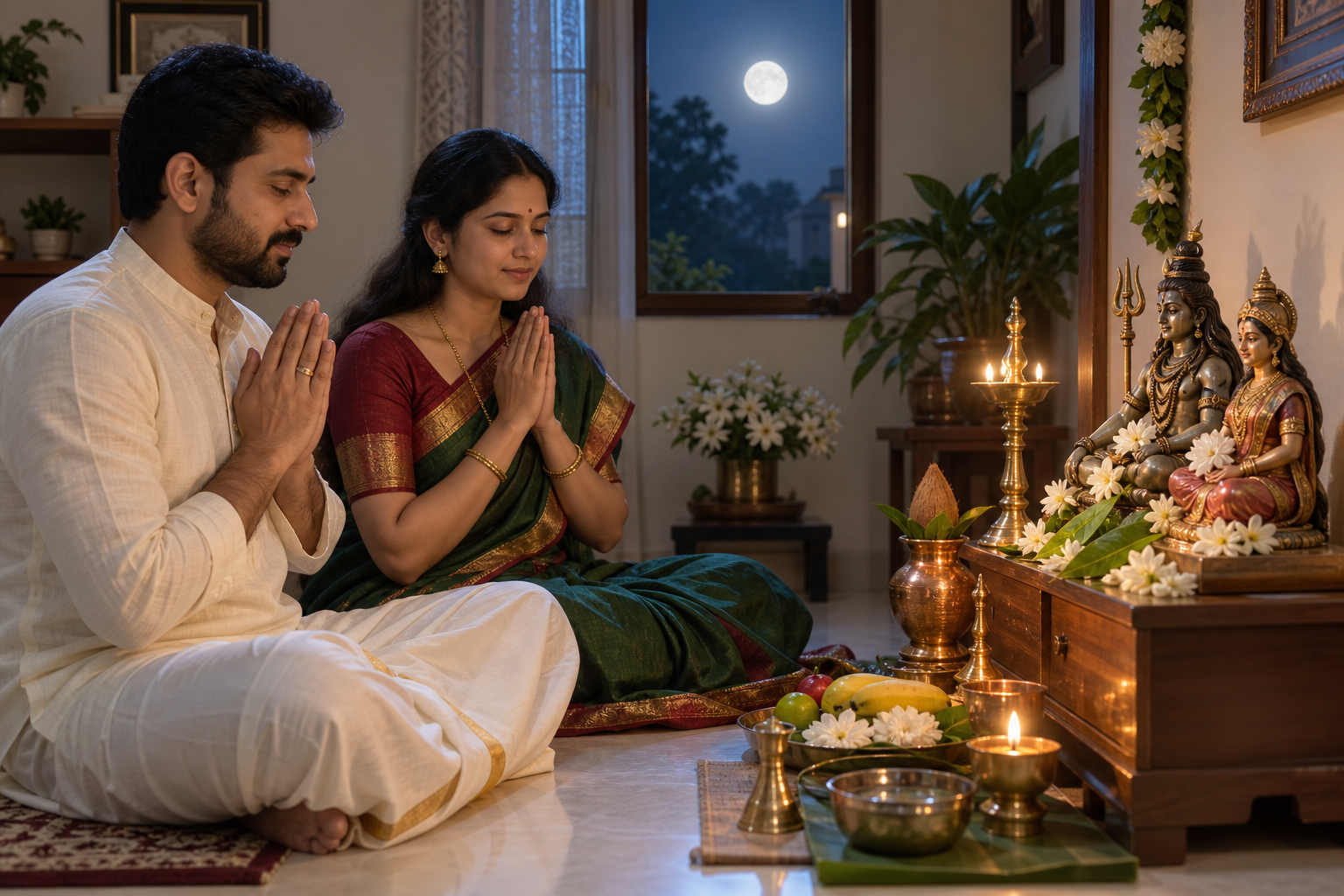 A married couple performs a simple home puja before small Shiva and Parvati murtis with a lamp, kalasha, leaves, flowers and fruit.