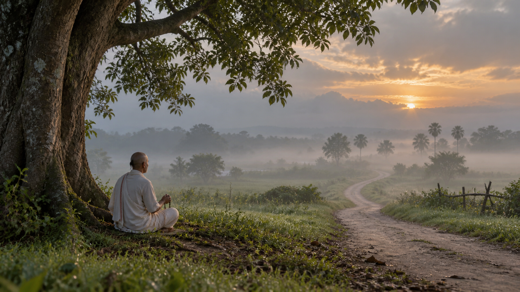 A solitary practitioner chants beneath a tree beside a misty path whose destination is hidden from view.
