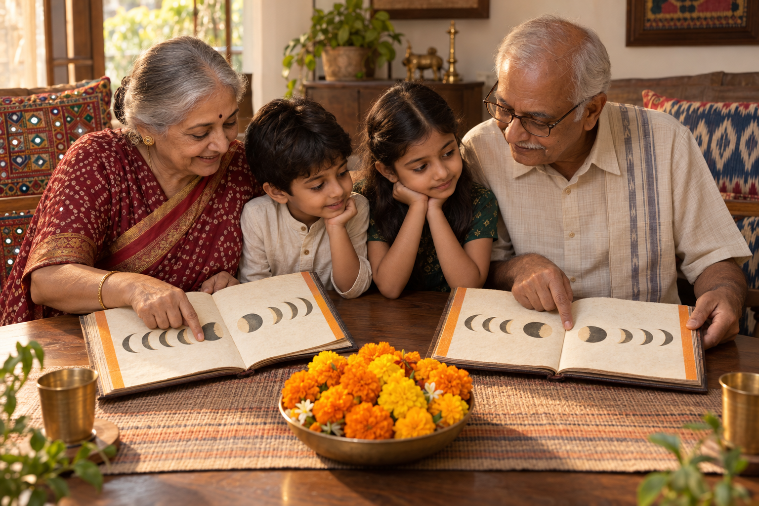 A Gujarati grandmother and a Telugu grandfather point to corresponding unlettered lunar almanac pages while two children compare them at a shared table.