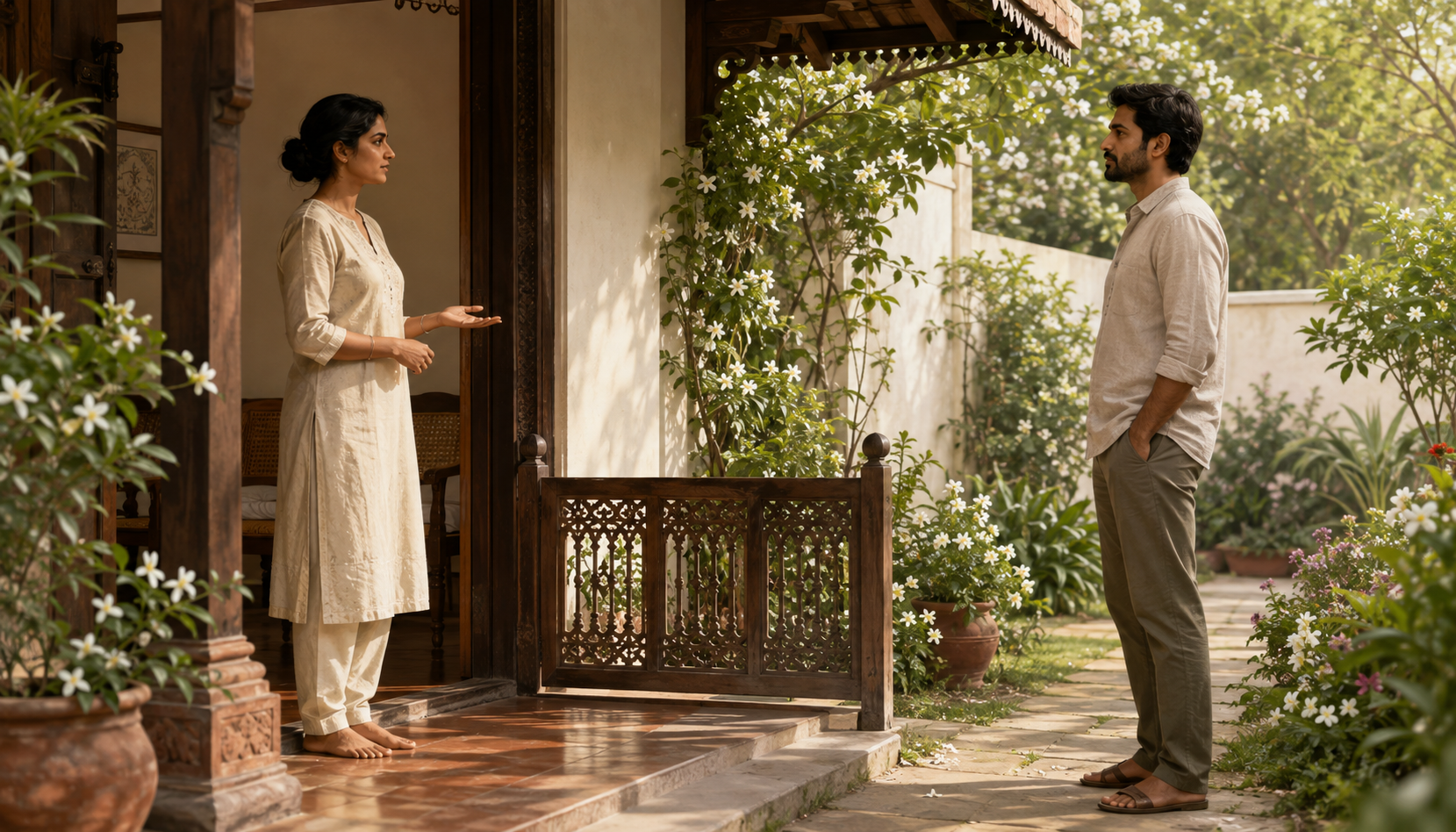 Two adults speak calmly across an open veranda threshold marked by a low wooden gate.