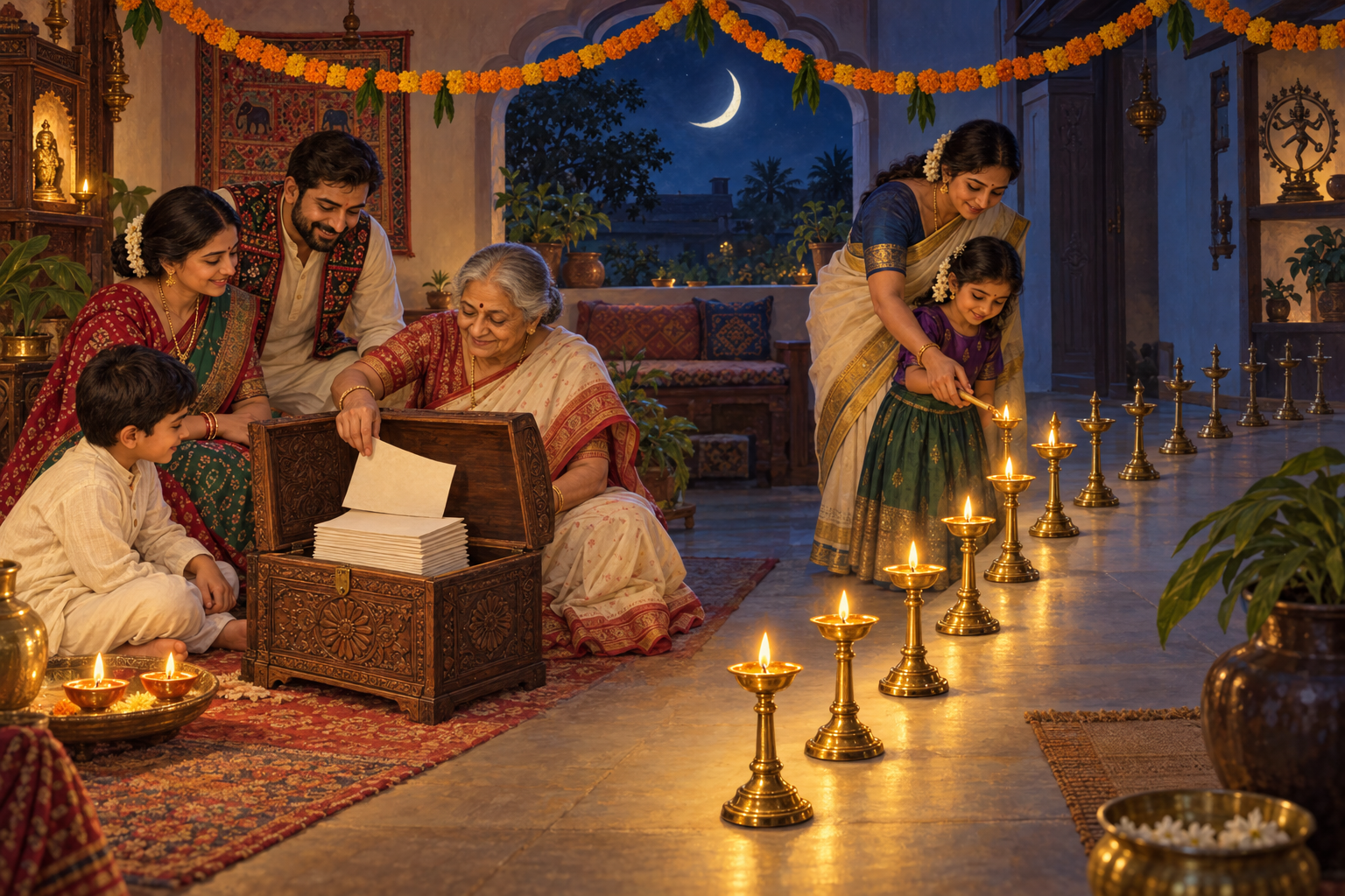 One family closes a chest holding twelve plain paper leaves while another lights the seventh lamp in a twelve-lamp path that continues with five unlit stands.