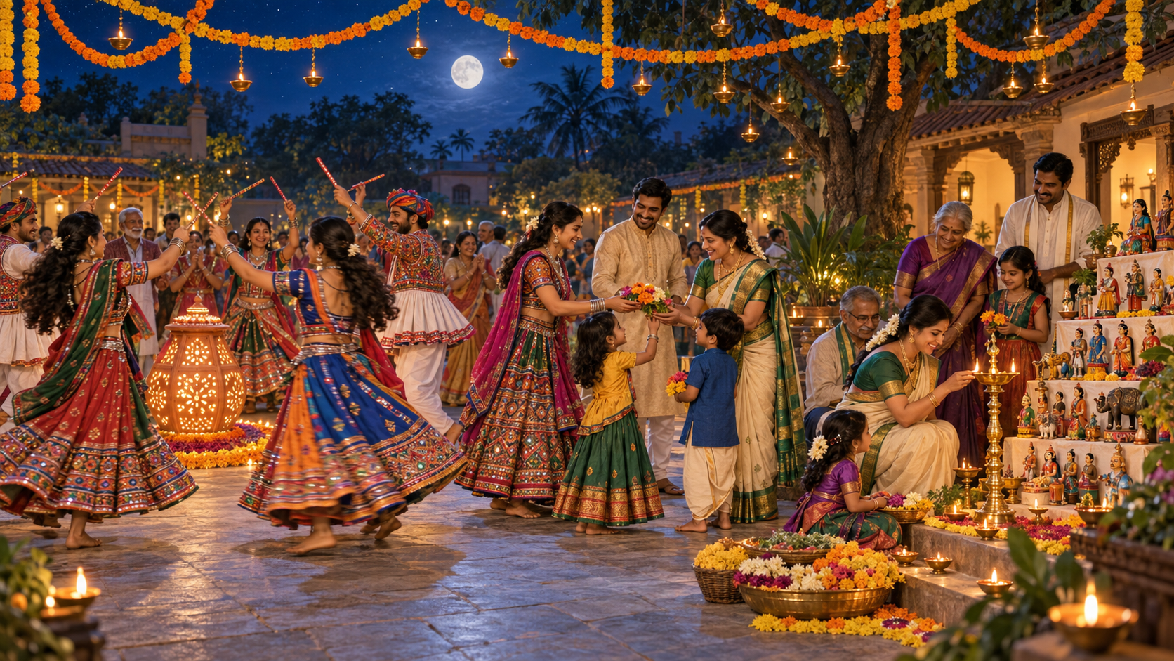 Gujarati families dance garba in a lamp-lit courtyard while a Telugu family lights a brass lamp beside handcrafted dolls and tiered flowers under the same marigold canopy.