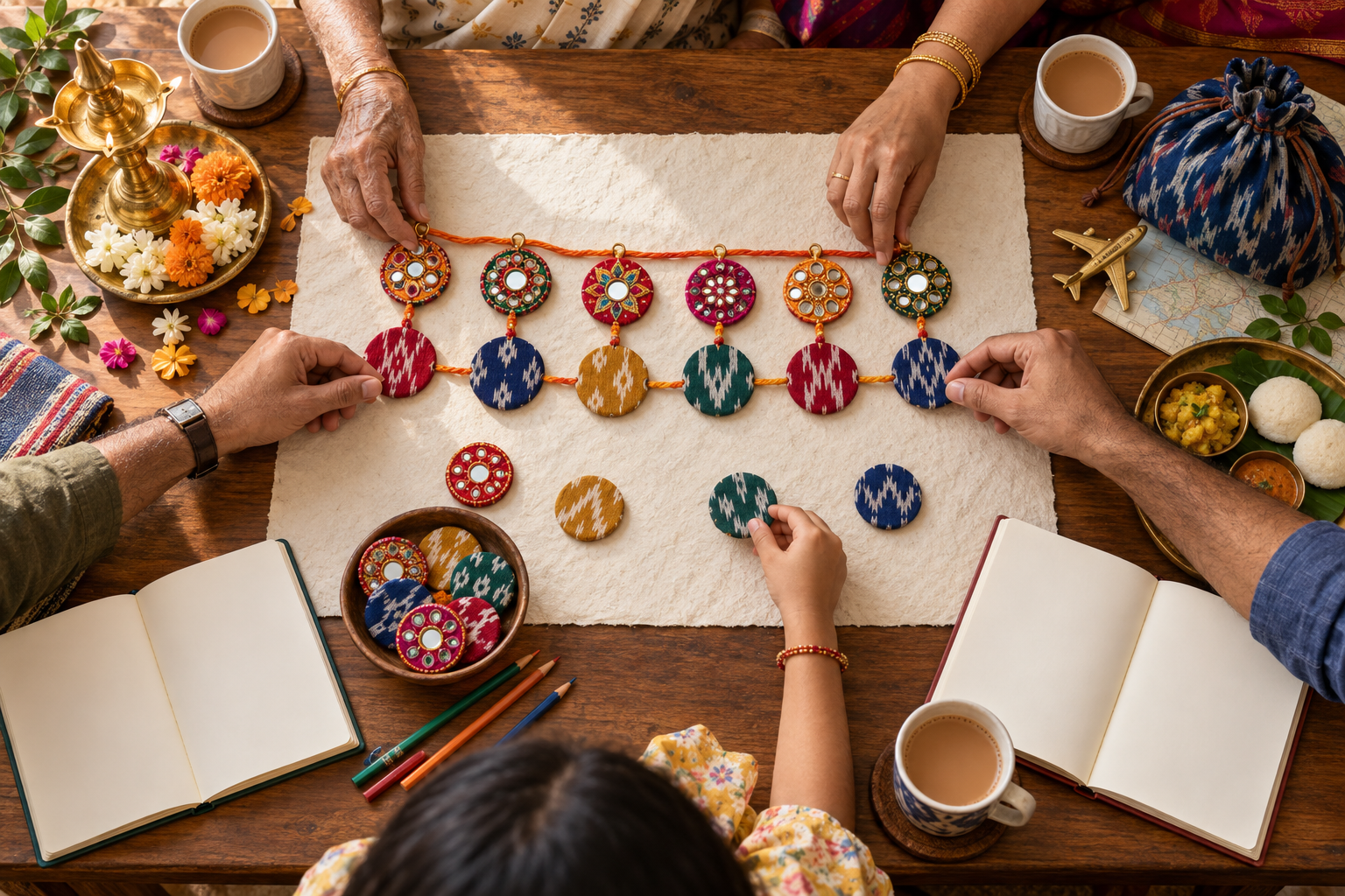 Family members arrange mirror-work and ikat planning tokens in matching pairs along a shared cord beside blank notebooks, a brass lamp, flowers and travel items.