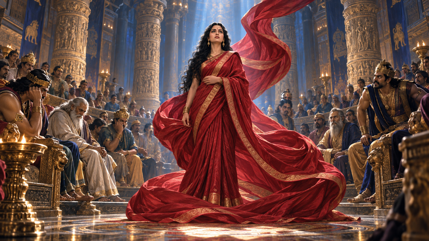 Draupadi stands fully clothed in a royal assembly as flowing fabric and blue-gold light form a protective spiral around her while seated courtiers react.