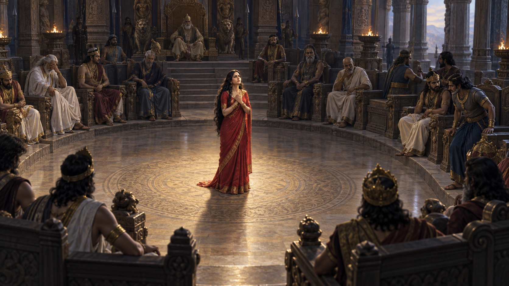 Draupadi stands in the illuminated center of a royal hall while many elders and warriors remain seated in shadow and one figure begins to rise.