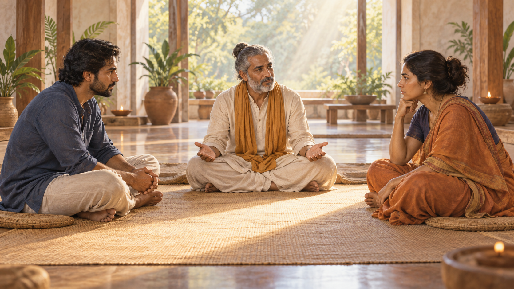 A spiritual community leader listens to two people seated on opposite sides of a circle in a sunlit community hall.
