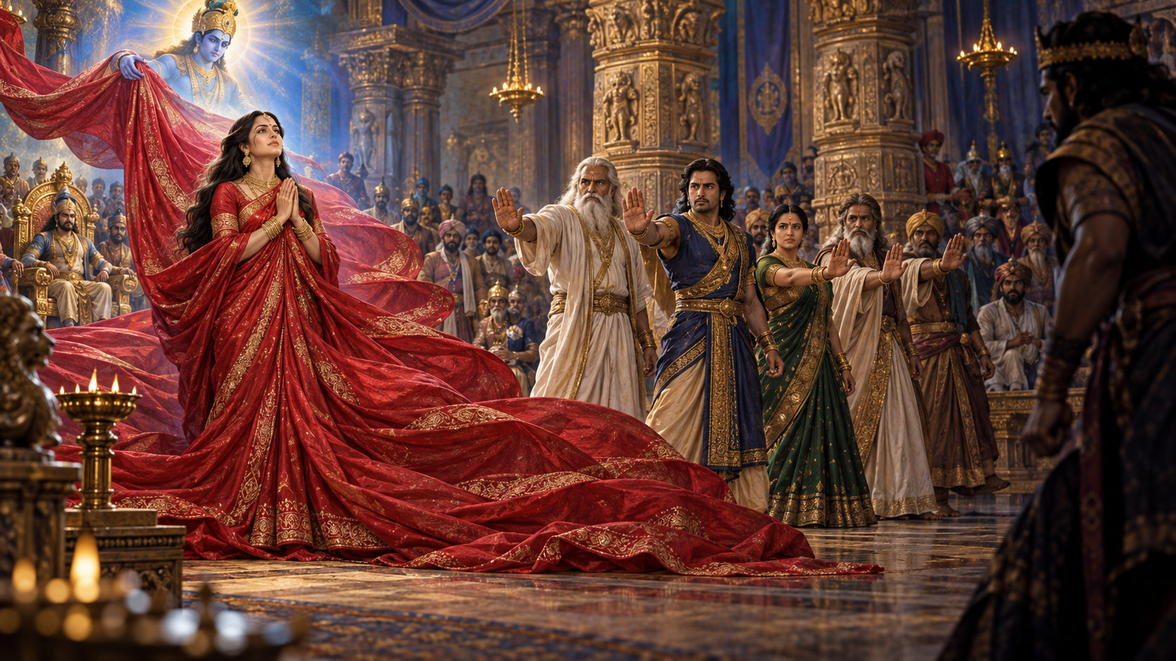 Witnesses form a protective line in front of Draupadi as blue-gold light and flowing crimson fabric surround her in a royal hall.