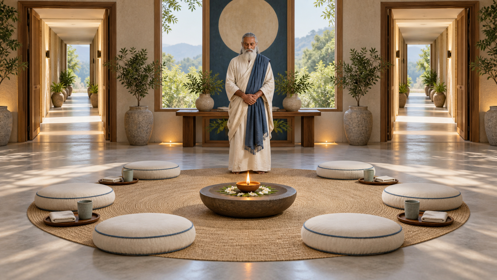 A leader pauses between two equal entrances beside a symmetrically arranged circle of cushions and water cups.
