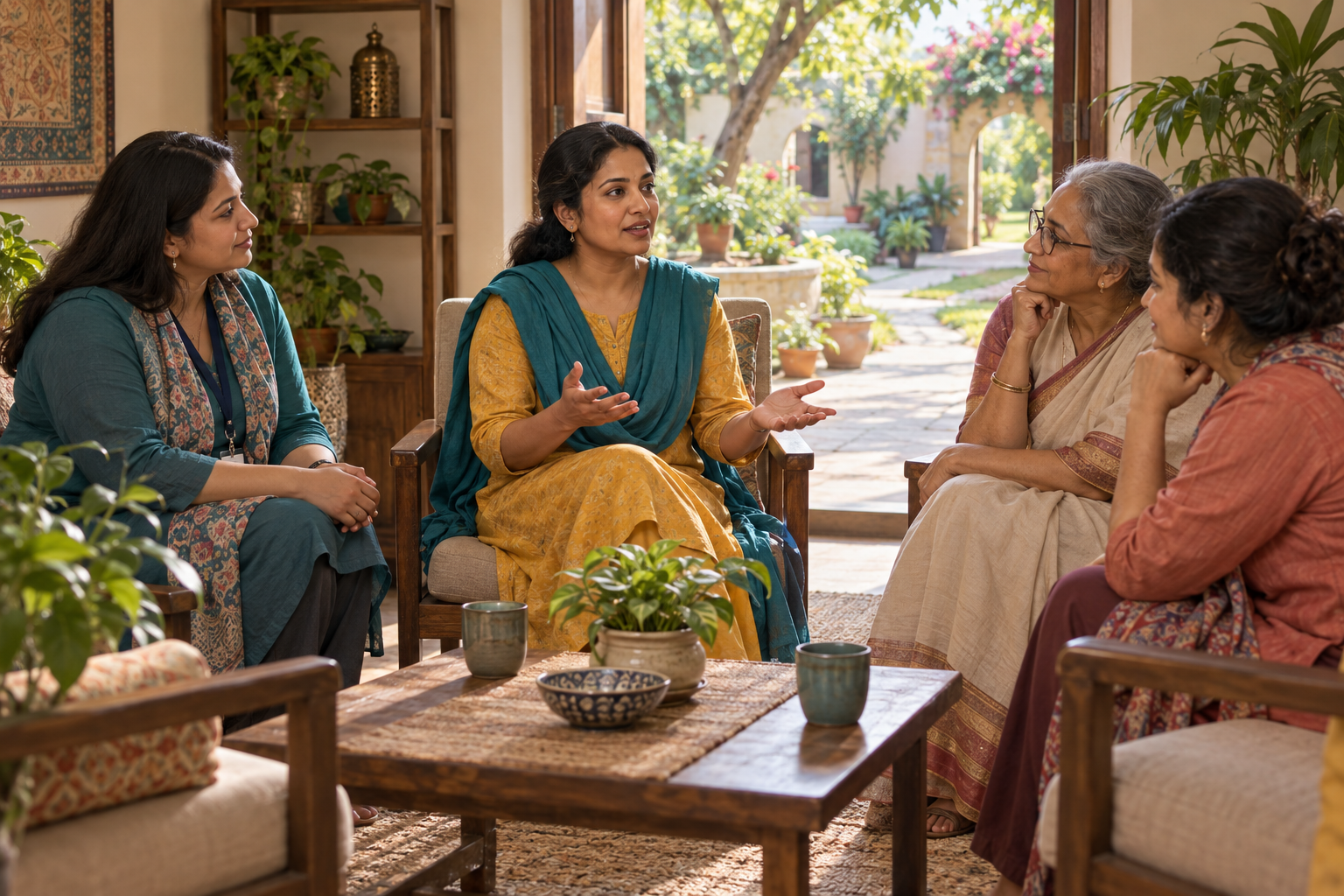 A woman leads a conversation in a private support room while three supporters listen beside her and an open doorway remains visible.