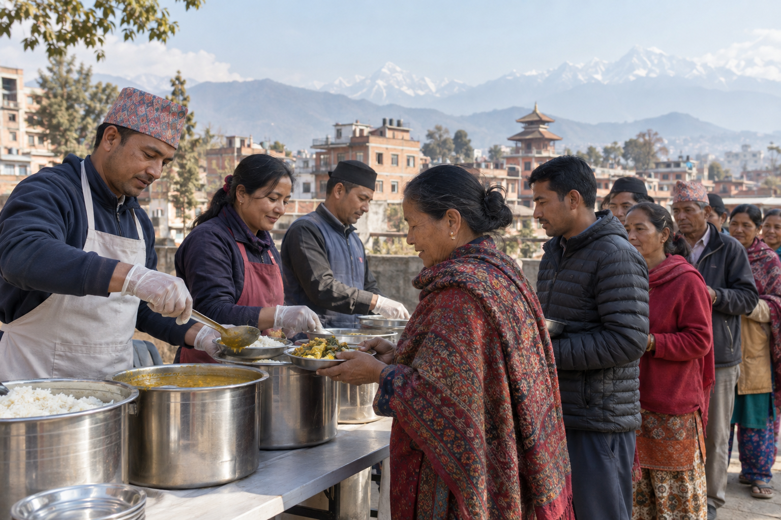 Local volunteers serve warm vegetarian meals from stainless-steel containers to an orderly group in a Nepalese neighborhood.