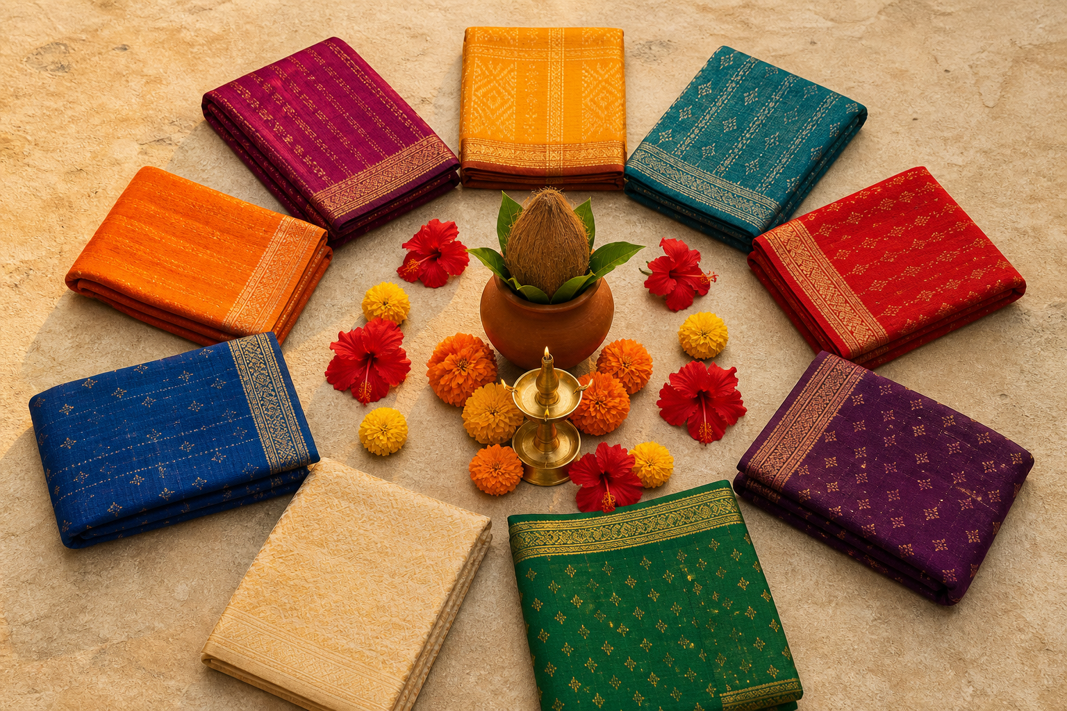 Nine differently colored handwoven fabrics arranged around a brass oil lamp, flowers, and a ceremonial kalash.