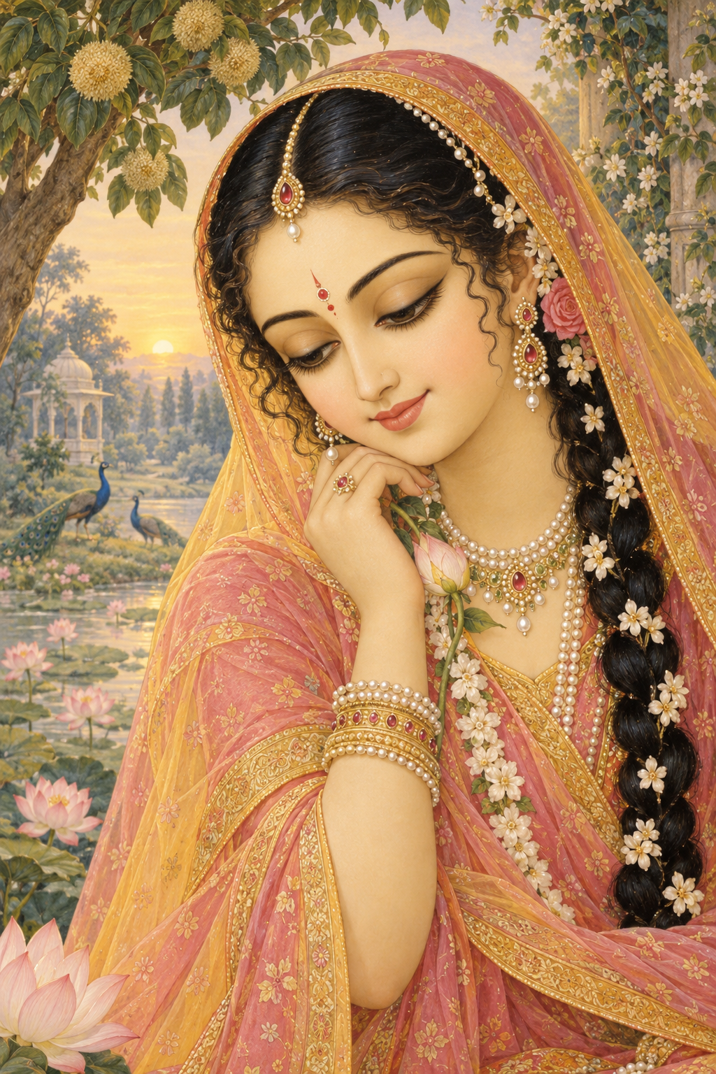 Devotional painted portrait of Sri Radha with a small red forehead ornament, pearl jewelry, a translucent veil, and softly lowered eyes in a Vrindavan garden.