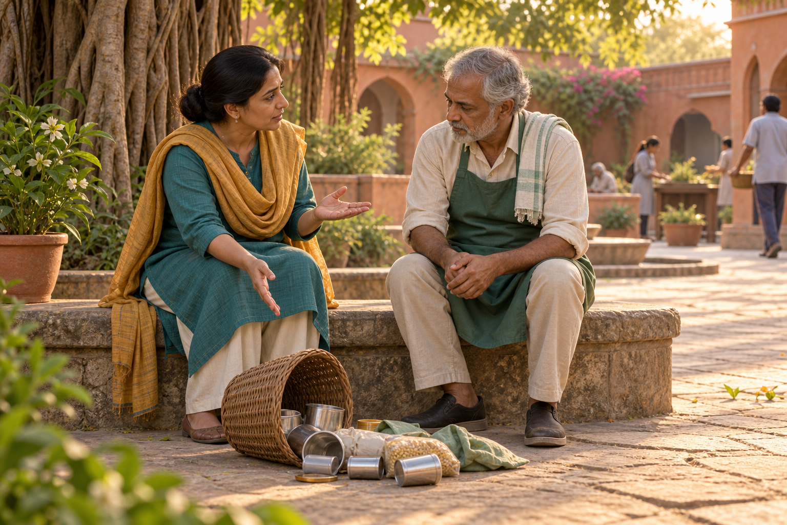 A mediator speaks privately with a volunteer beside an overturned basket and scattered community supplies in a courtyard.