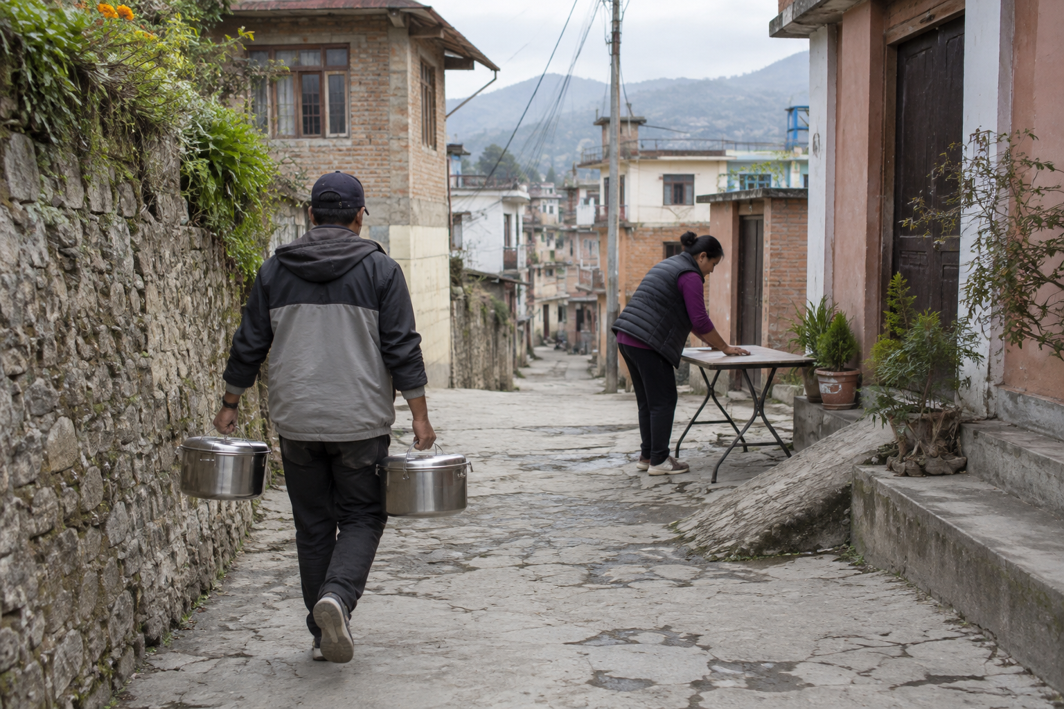 Two volunteers prepare a small meal distribution point in a narrow Nepalese residential lane.