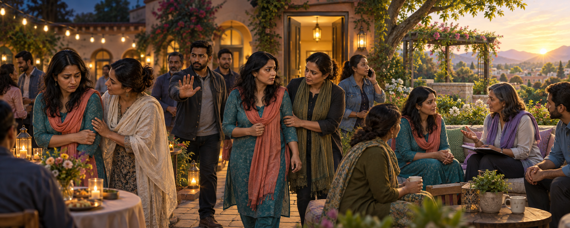 A continuous scene shows a friend noticing a woman's distress, bystanders intervening during danger, and supporters accompanying her in a peaceful garden afterward.