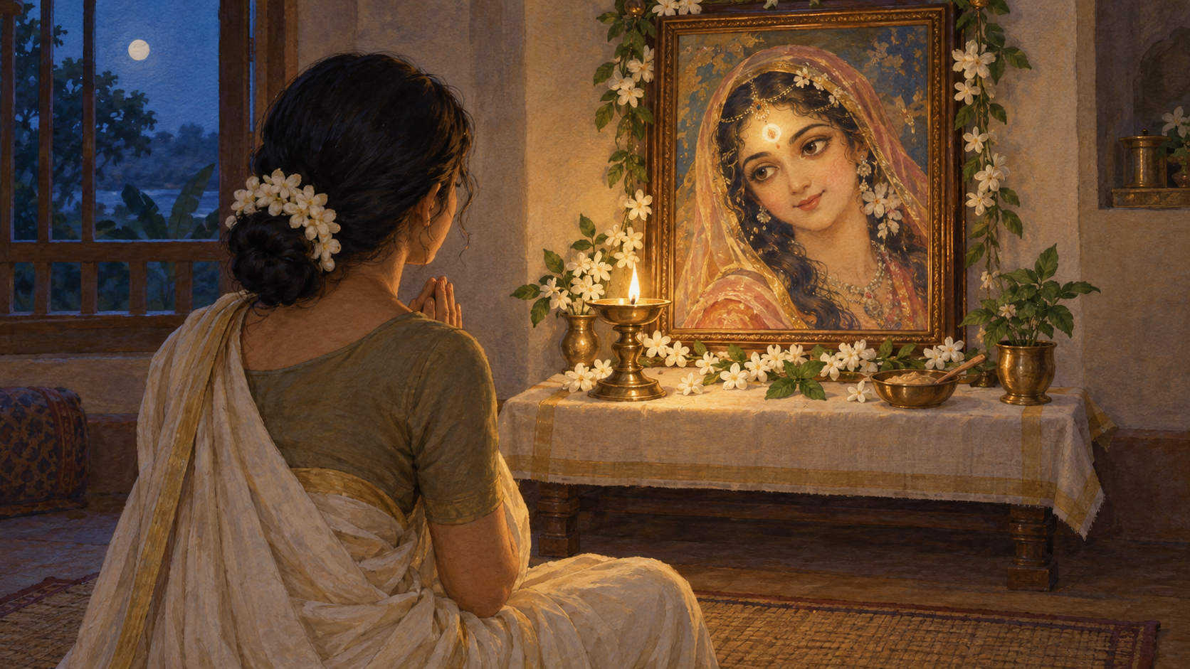 A seated devotee with folded hands contemplates a flower-decorated altar image of Sri Radha by the light of a brass oil lamp.