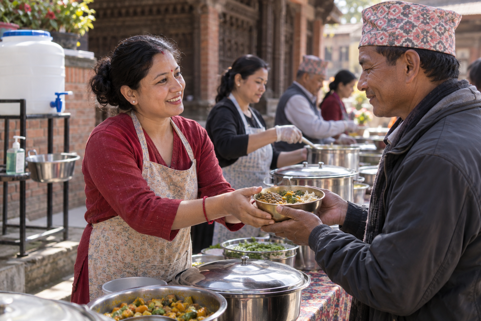 A volunteer respectfully hands a bowl of warm rice, lentils, and vegetables to an adult recipient beside a clean serving station.