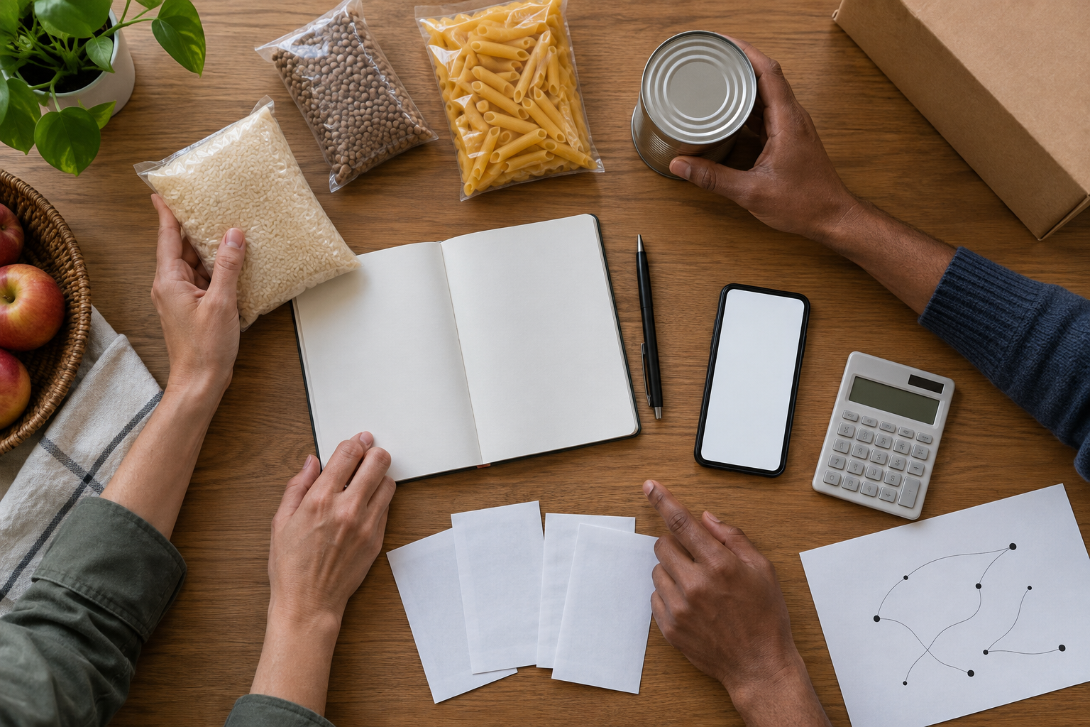 Two people review a phone, calculator, blank notebook, food supplies, and face-down receipts on an organized table.