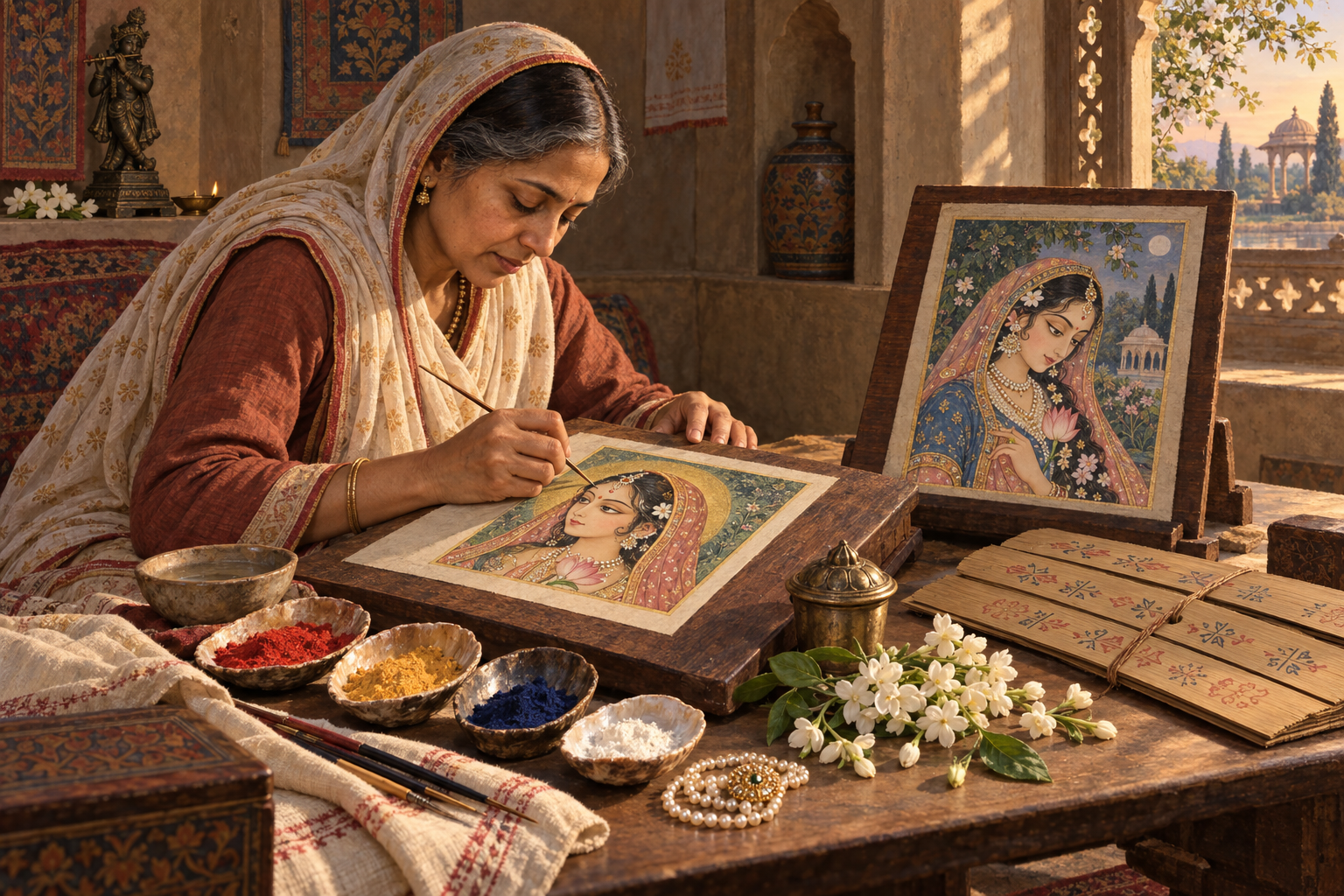 A woman miniature painter applies a forehead ornament to a devotional portrait of Sri Radha beside pigments, flowers, jewelry, and a palm-leaf manuscript.