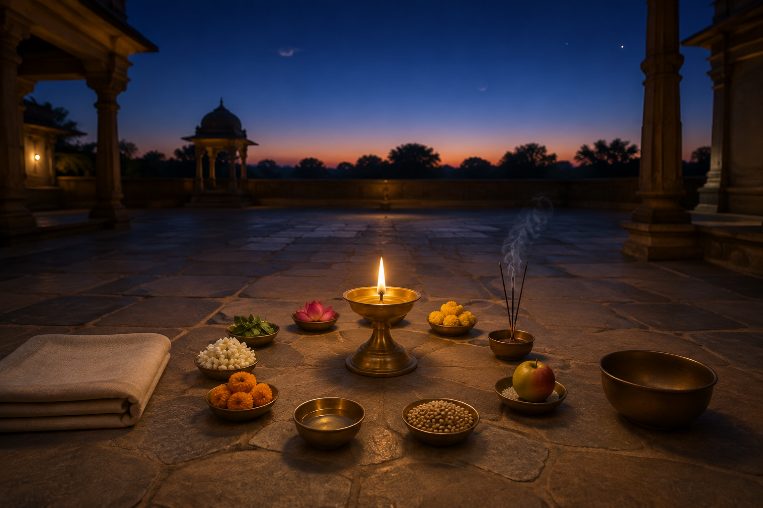 A brass oil lamp surrounded by nine small offerings in a quiet courtyard beneath a softly rendered celestial sky.