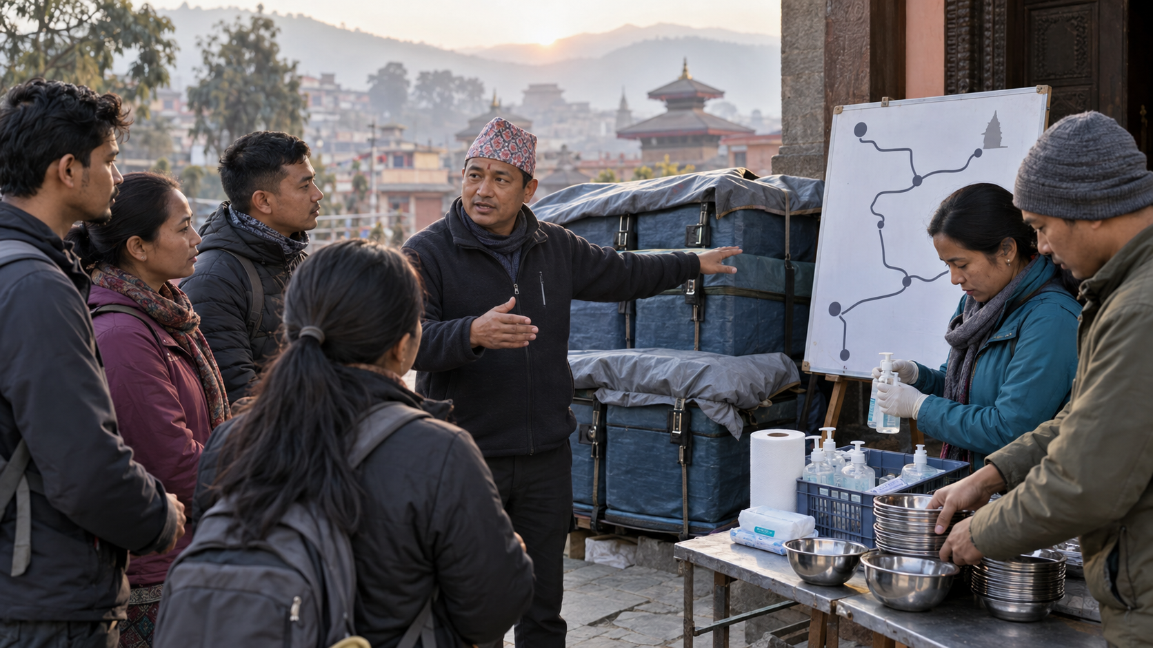 A local coordinator briefs a small group of volunteers beside covered food containers, reusable bowls, and sanitation supplies.