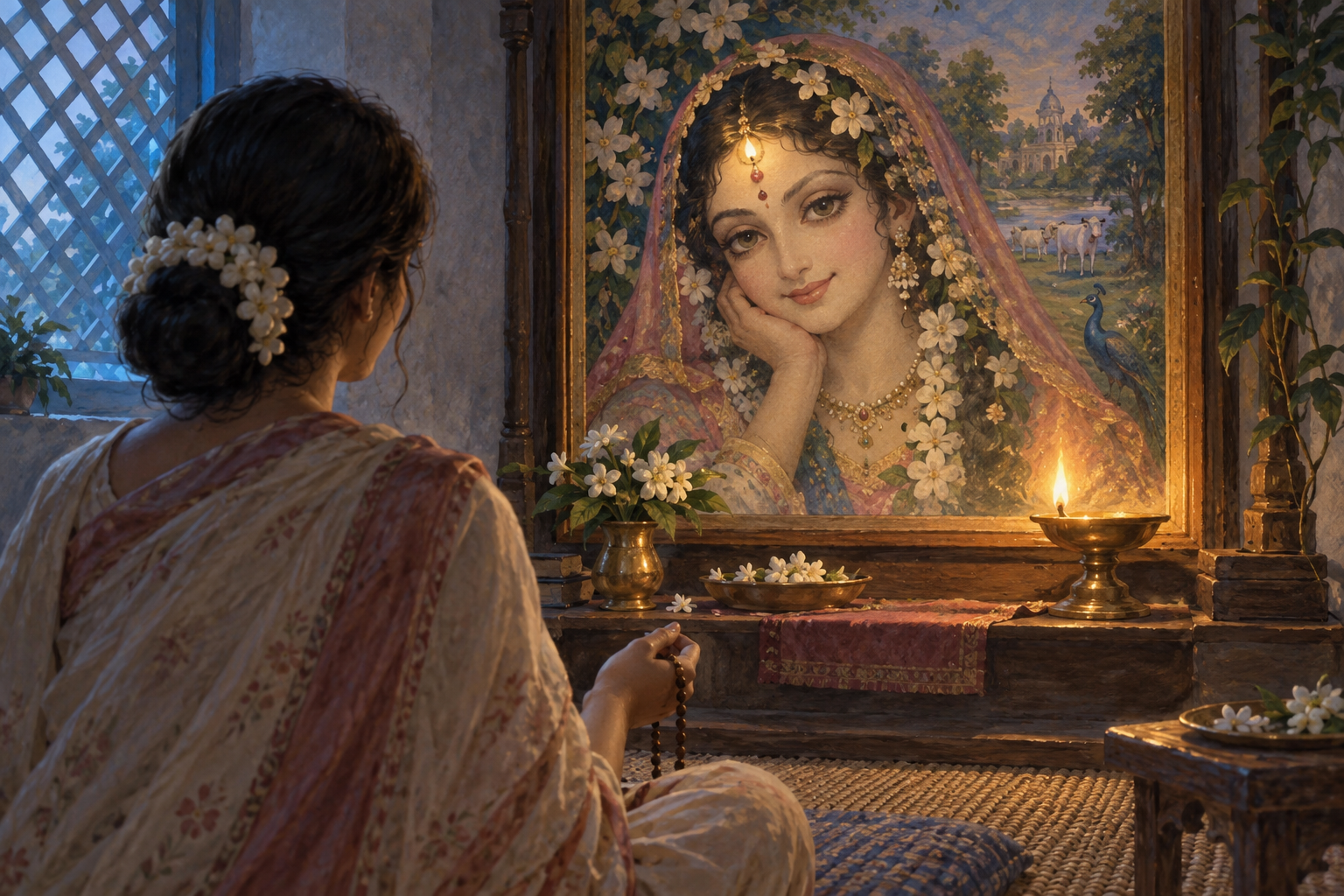 A devotee seated on a woven mat meditates before an oil-lit portrait of Sri Radha while holding prayer beads beside an offering of jasmine.