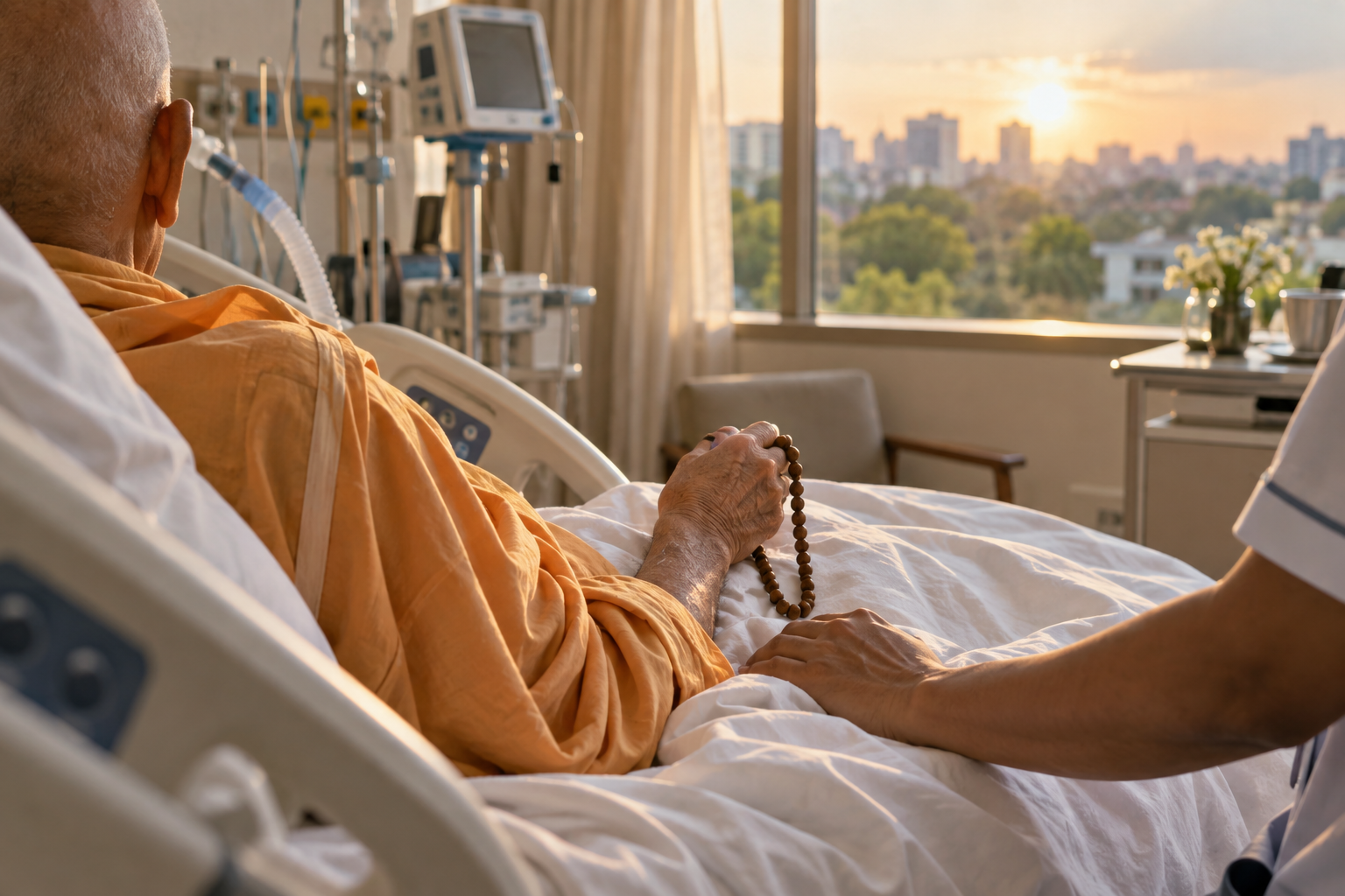 An elderly monk holds wooden prayer beads while resting in a hospital bed beside a rehabilitation therapist, with breathing equipment nearby.