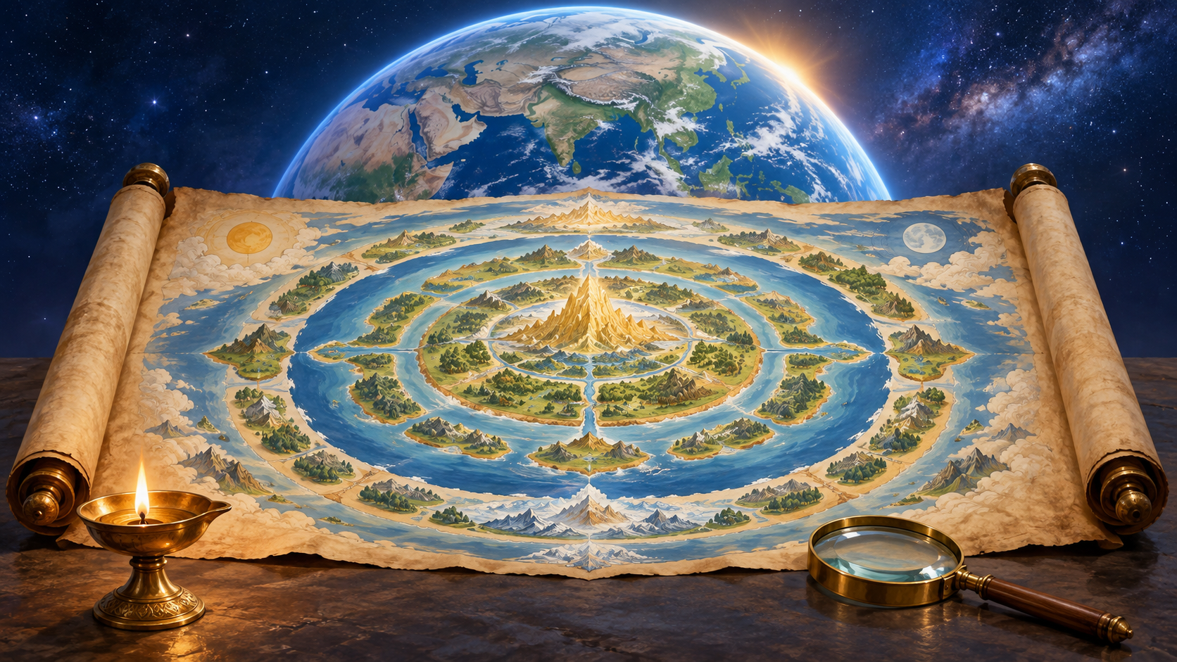 A blue globe overlaps a wordless parchment cosmogram of concentric lands and oceans, with an oil lamp and magnifying lens in front.