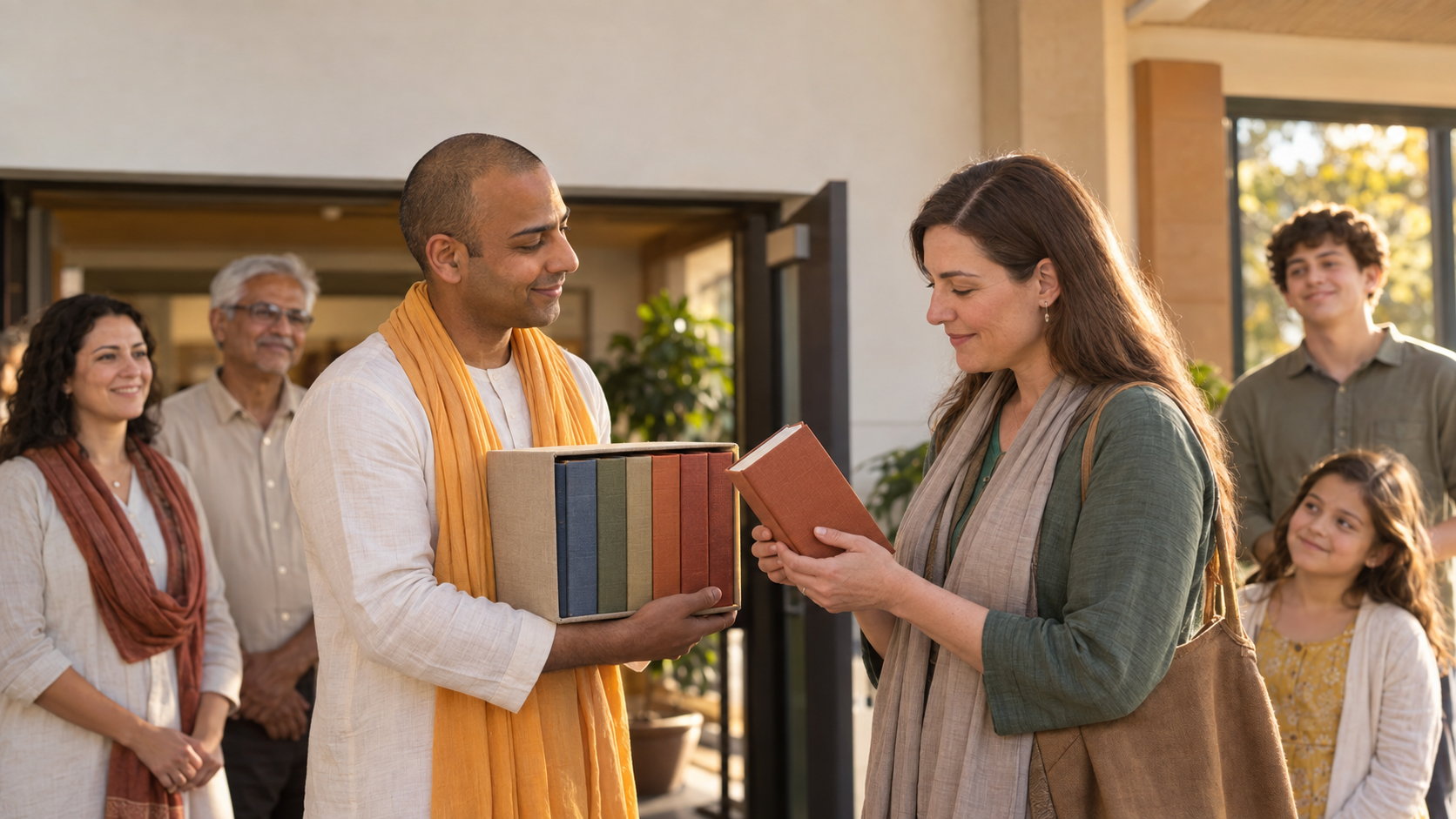 A volunteer respectfully hands a clothbound book from a boxed sacred book set to an interested reader as other volunteers stand nearby.