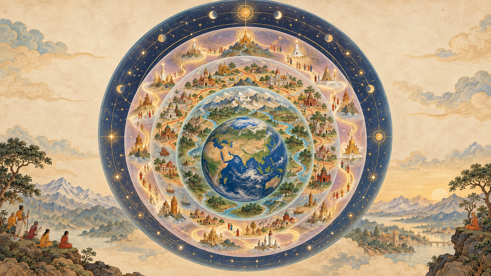 A spherical Earth is surrounded by translucent layers depicting terrain, settlements, pilgrimage places, and a starry cosmic realm.