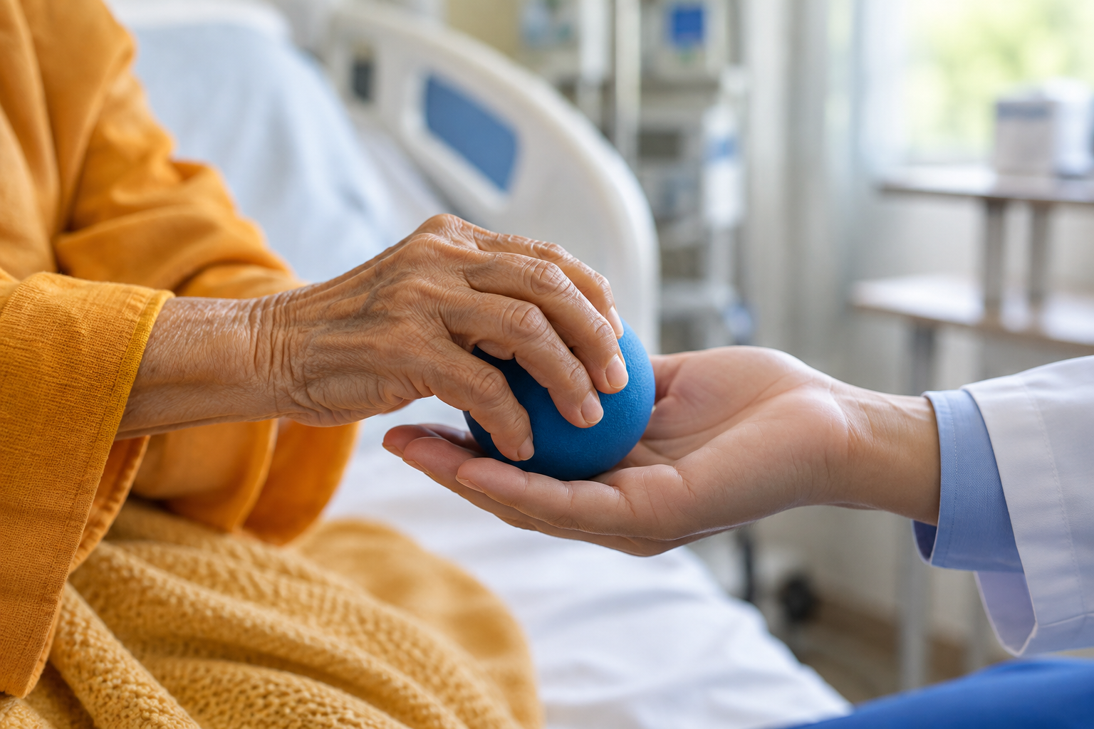 An elderly patient's hand presses a therapy ball into a clinician's palm during a hospital rehabilitation exercise.