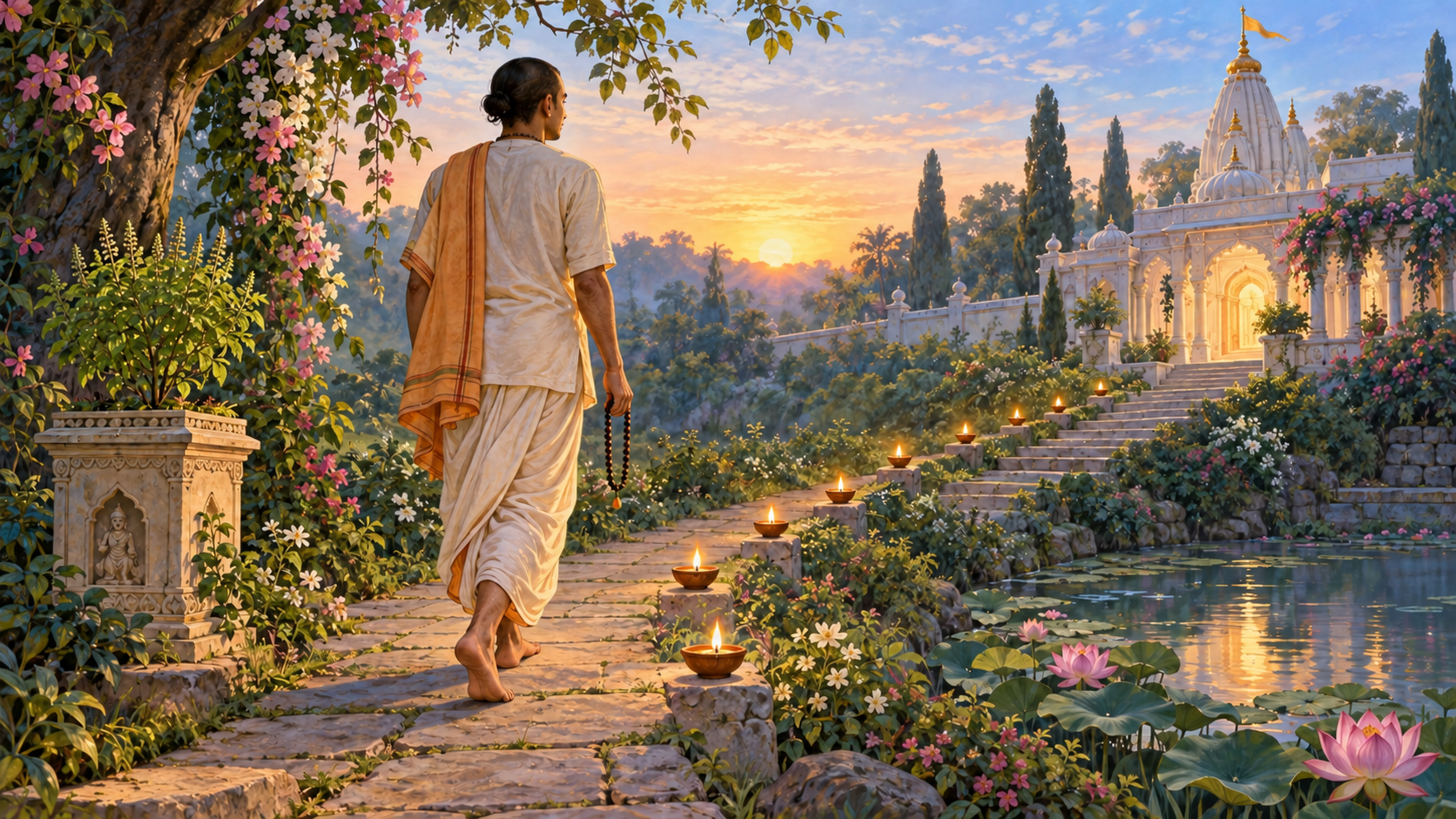 A devotee holding prayer beads walks along a dawn garden path marked by nine glowing clay lamps toward a temple courtyard.