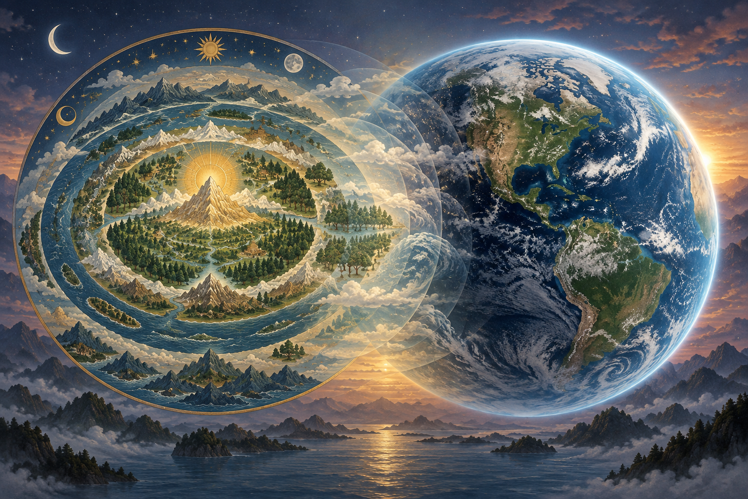 A concentric sacred landscape blends through translucent layers into a curved blue Earth under soft twilight light.