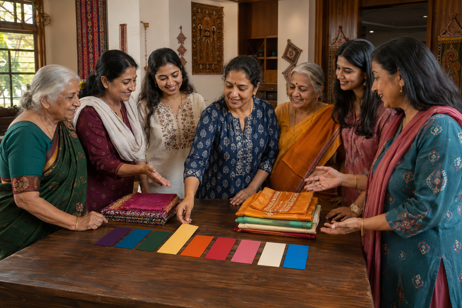 A multigenerational group of women agrees on a row of colored fabric swatches while planning Navratri clothing.