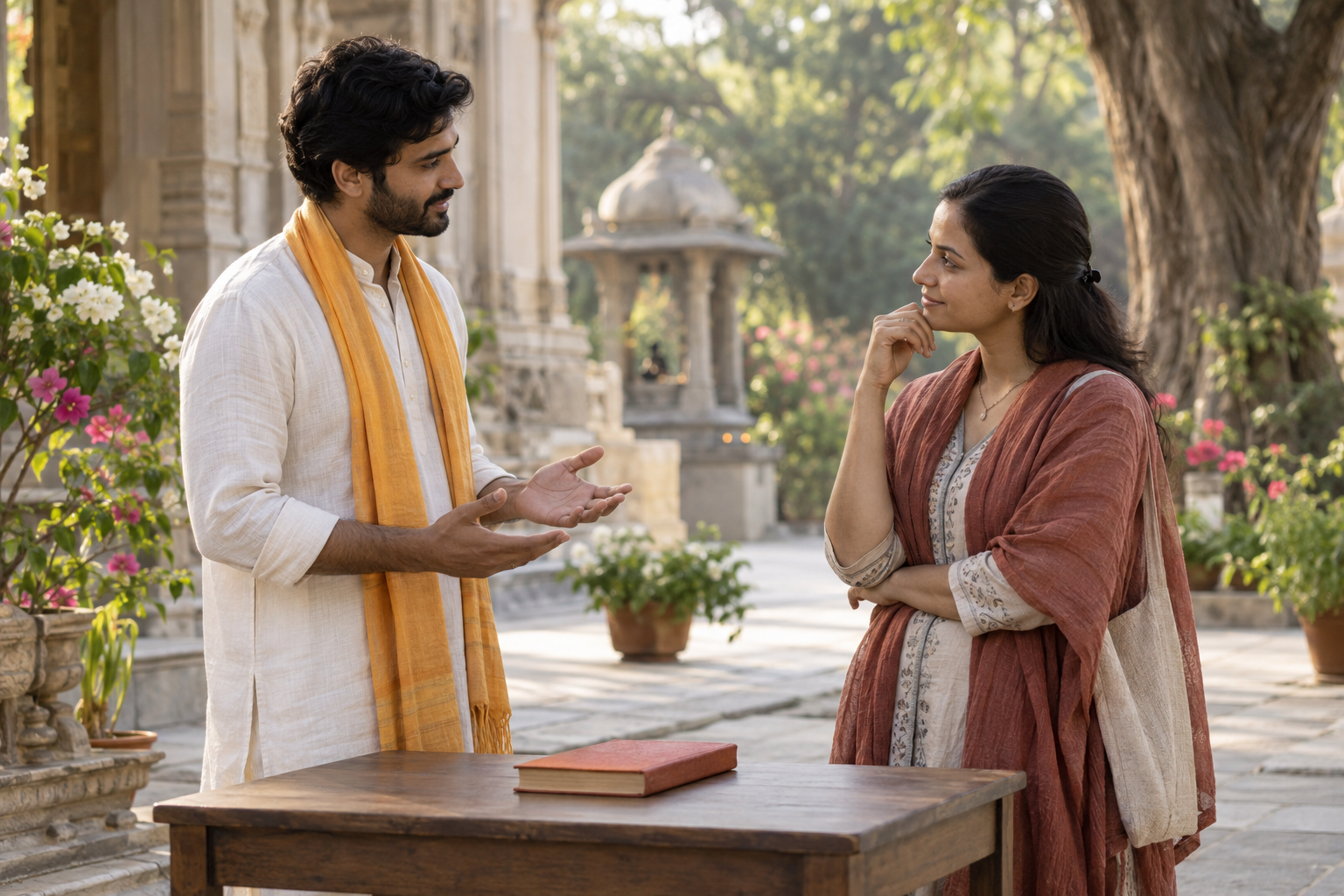 A volunteer has a calm conversation with a prospective reader beside a clothbound book in a quiet courtyard.