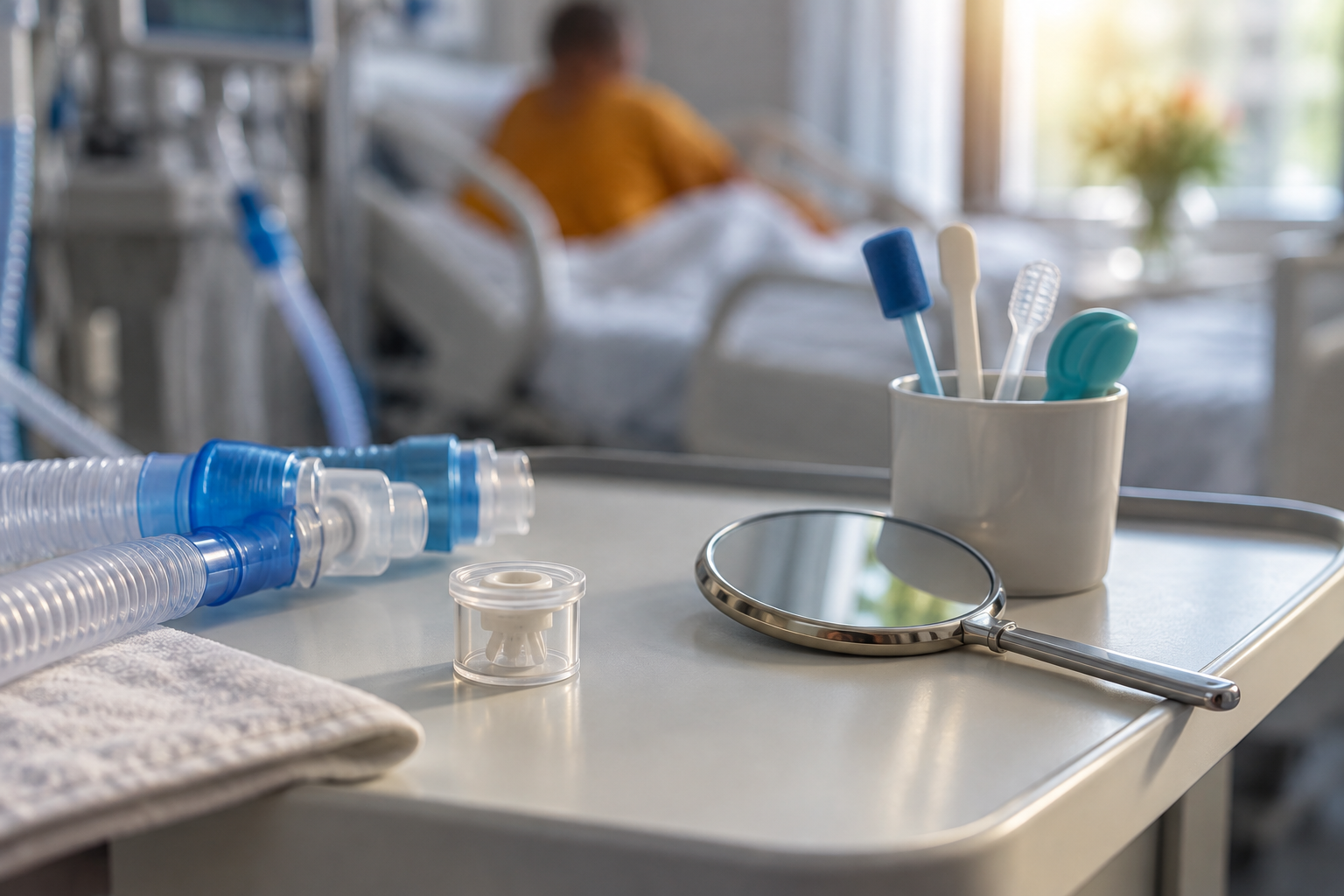 A speaking-valve component and breathing tubing rest on a hospital tray, with a patient blurred in the background.