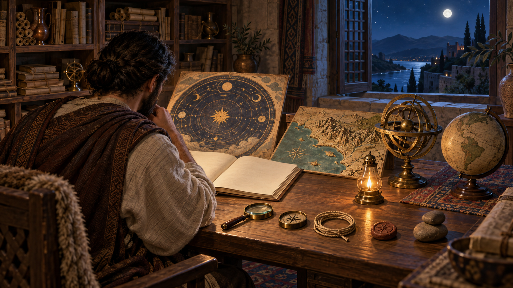 A scholar studies a wordless cosmographic painting, relief map, armillary sphere, and globe on a lamp-lit wooden desk.