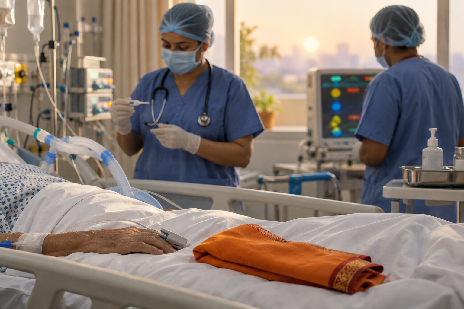 A clinician checks an elderly hospital patient's temperature while breathing-support tubing and monitoring equipment remain in use.