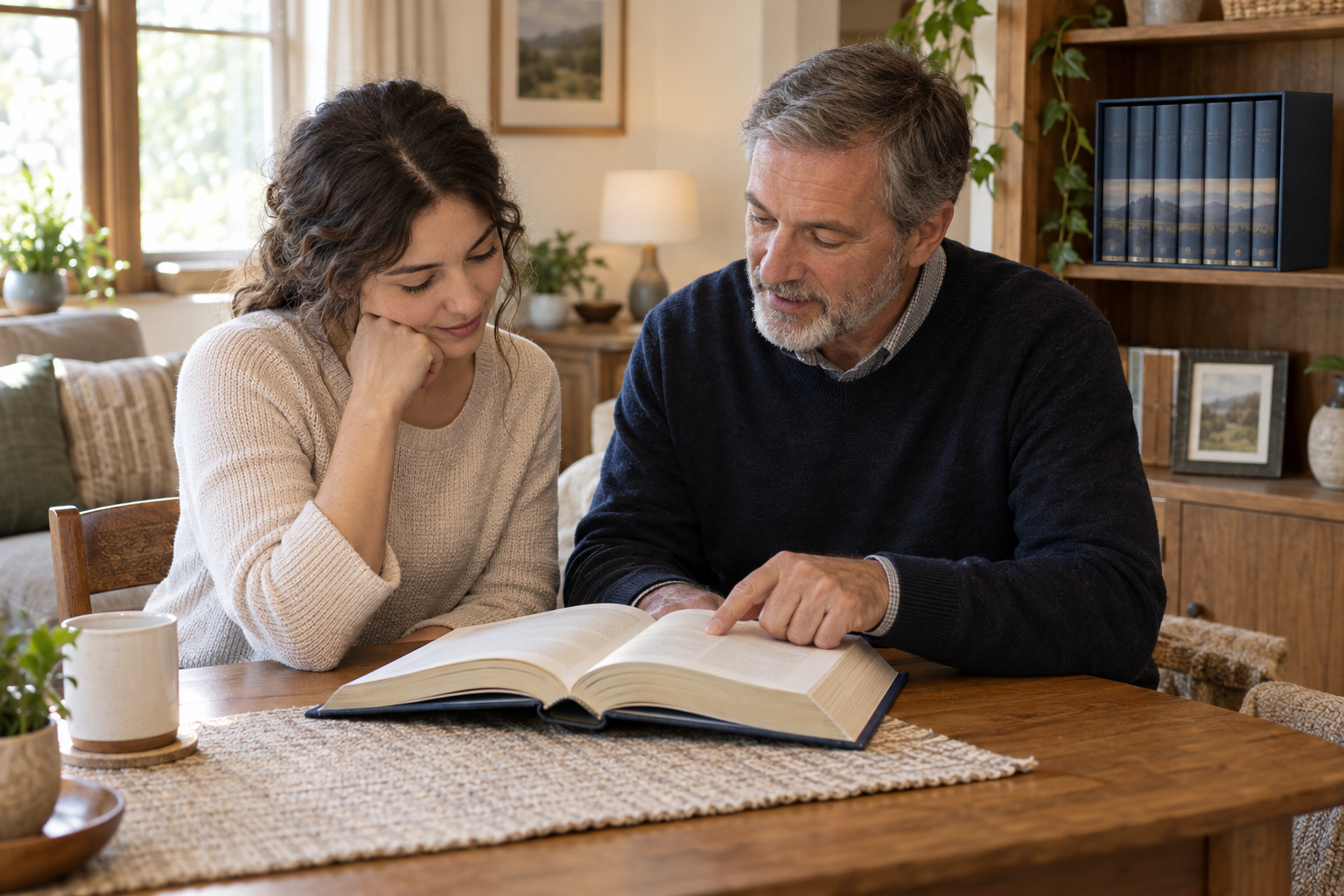 A new reader and a reading companion sit together with an open sacred book while a boxed set rests on a nearby shelf.
