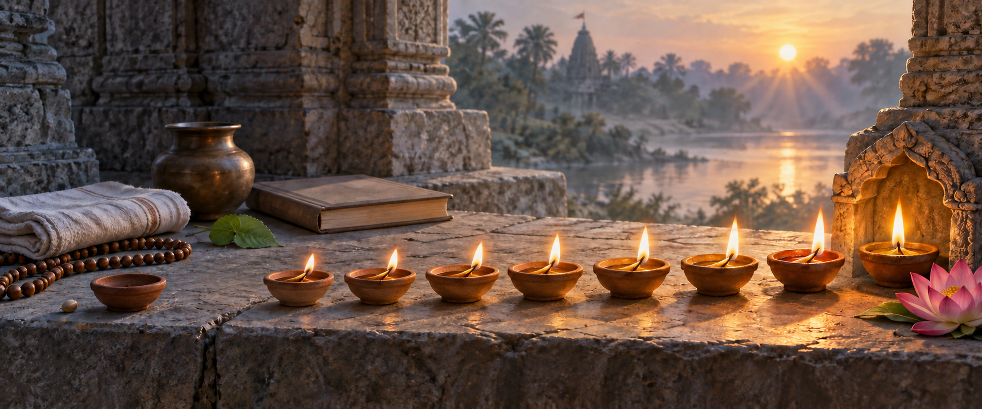 Nine clay lamps on a stone veranda progress from unlit to steadily glowing beside prayer beads, a water pot, a tulasi leaf, and a lotus.
