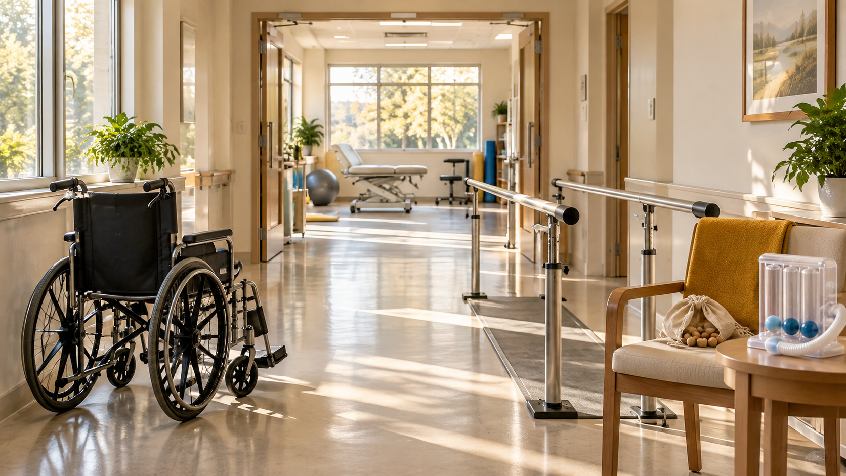 A sunlit hospital rehabilitation corridor contains a wheelchair, walking rails, breathing equipment, and a wooden bead bag.