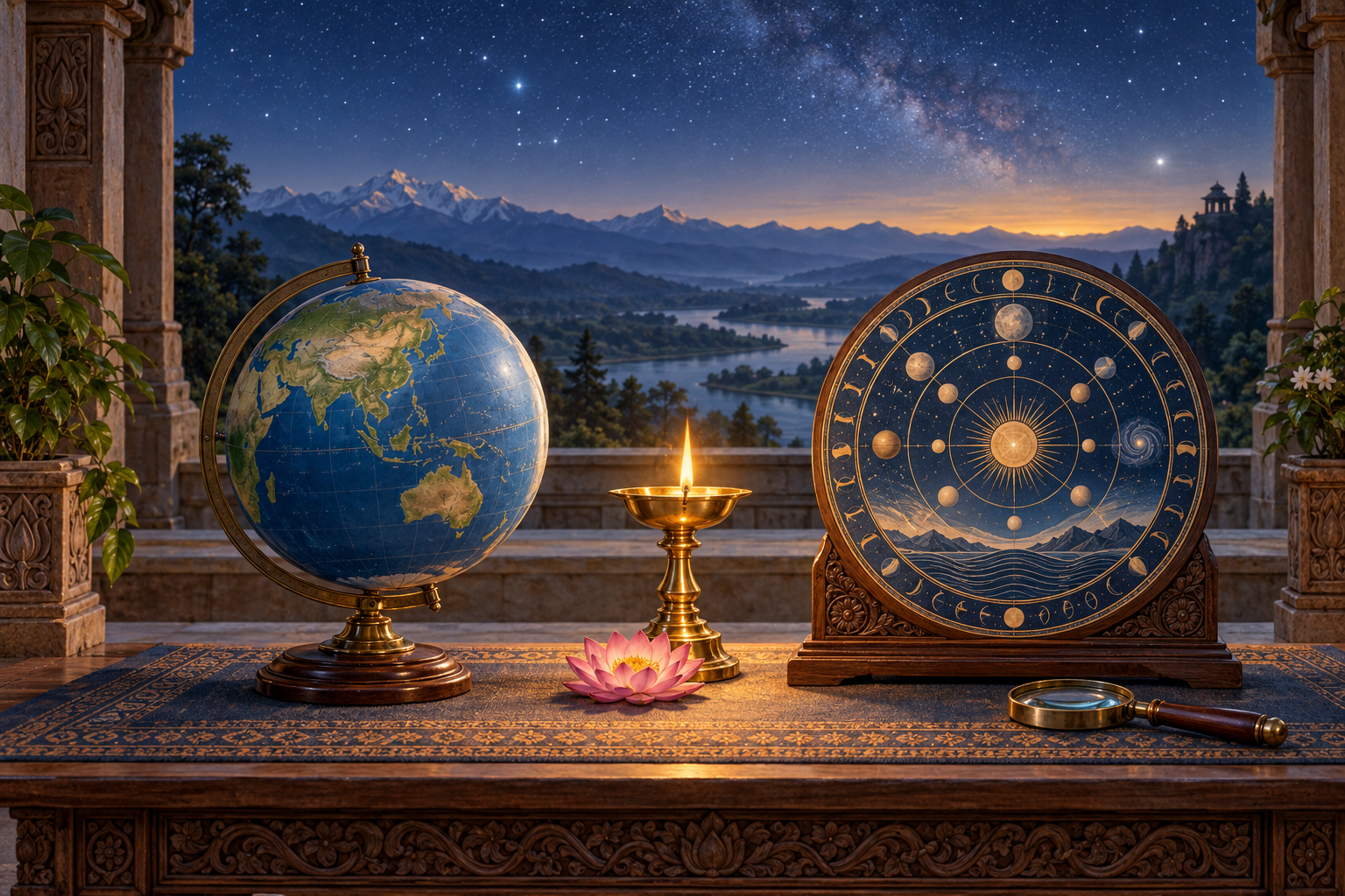 A globe and a circular cosmogram sit together beside an oil lamp and lotus, overlooking mountains, a river, and a starry sky.