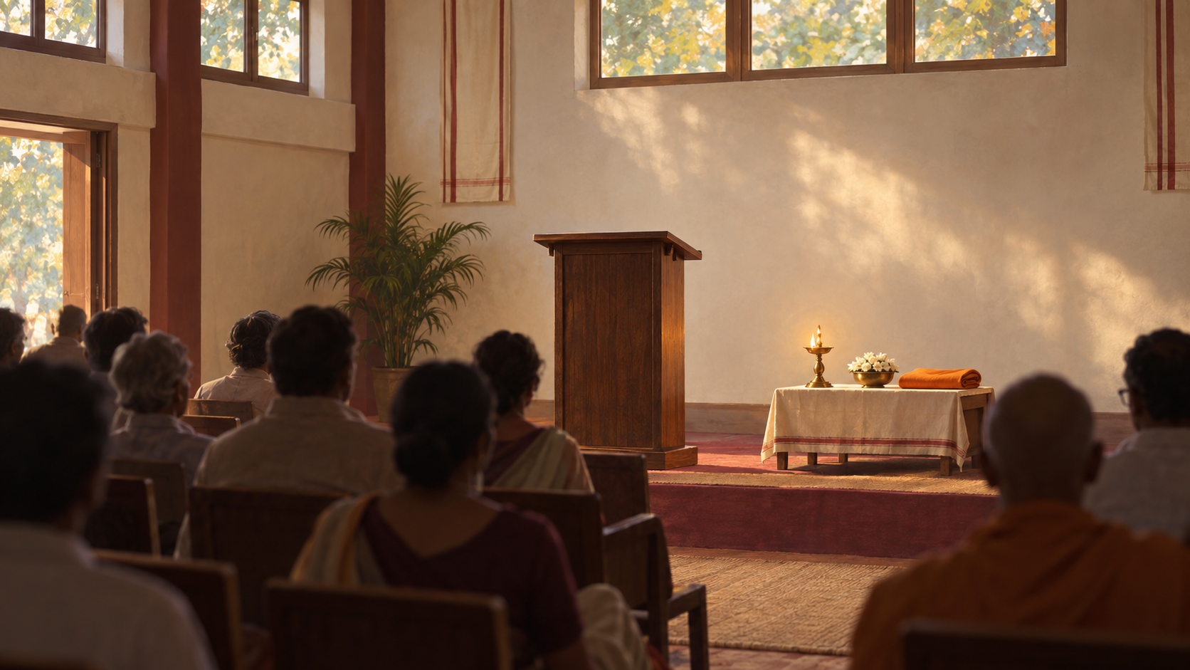 An empty wooden lectern stands beside a brass lamp and white flowers in a quiet hall filled with seated listeners.