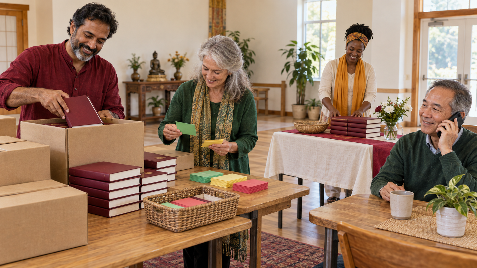 Four volunteers pack clothbound books, organize blank recipient cards, prepare a handoff table, and make a phone call in a community hall.