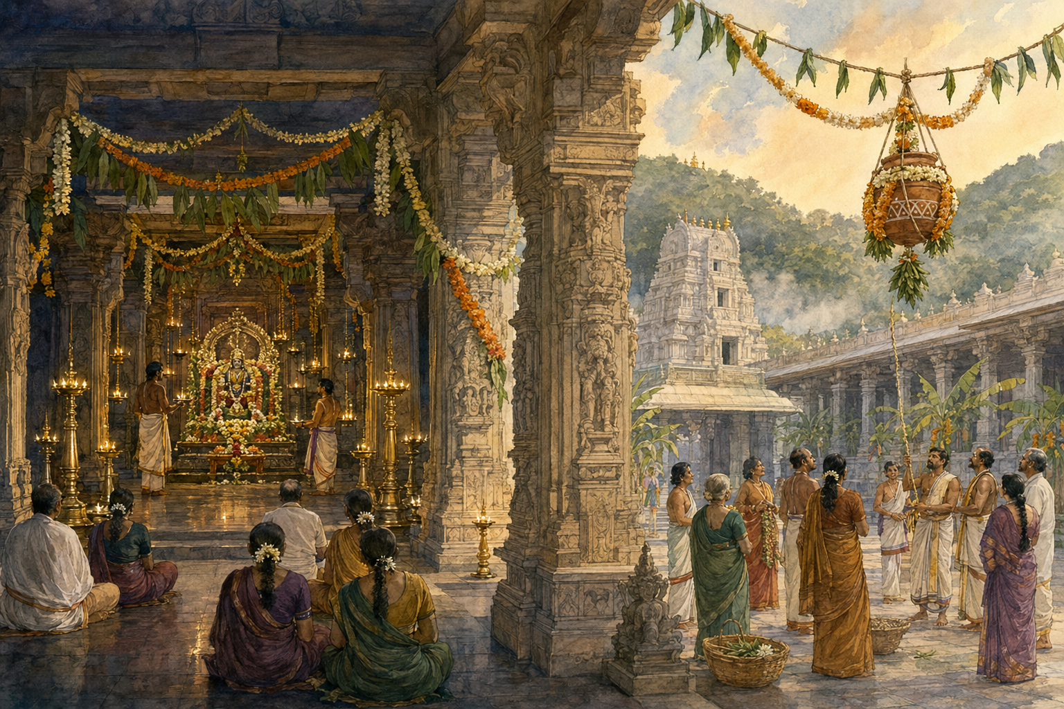Illustration of an evening Krishna observance in a lamp-lit temple mandapam beside a next-morning courtyard scene with a decorated hanging pot for Utlotsavam.