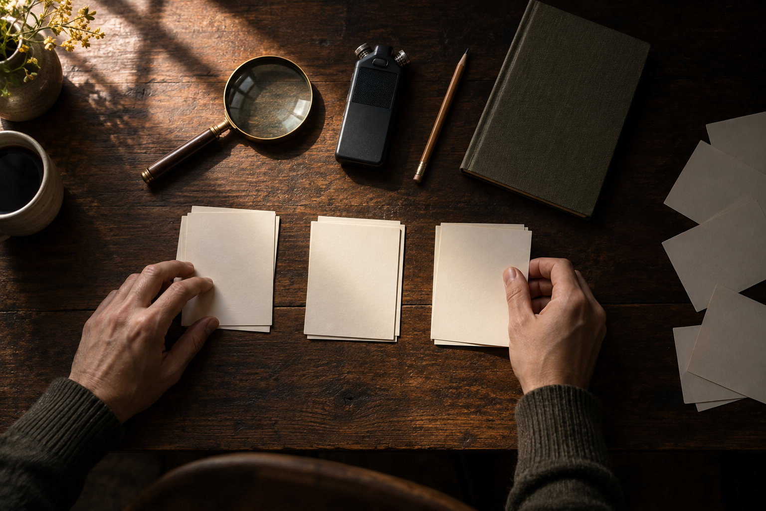 Hands sort blank archival cards beside a magnifying glass, audio recorder, pencil, and closed notebook on a wooden table.