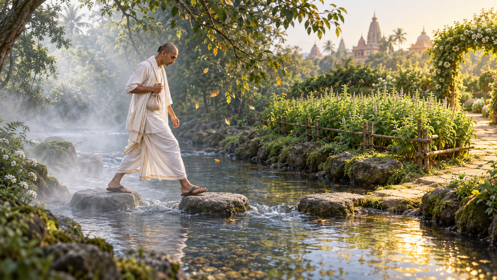 A devotee carefully crosses a garden stream on three stepping stones, moving from mist and wind toward a sunlit tulasi garden.