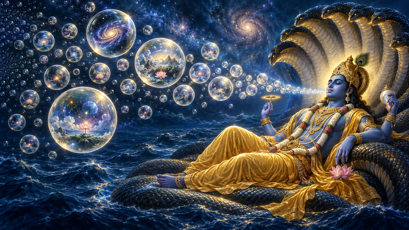 Maha-Vishnu reclines on Ananta Shesha above a dark cosmic ocean as many glowing universe-spheres emerge with his breath.