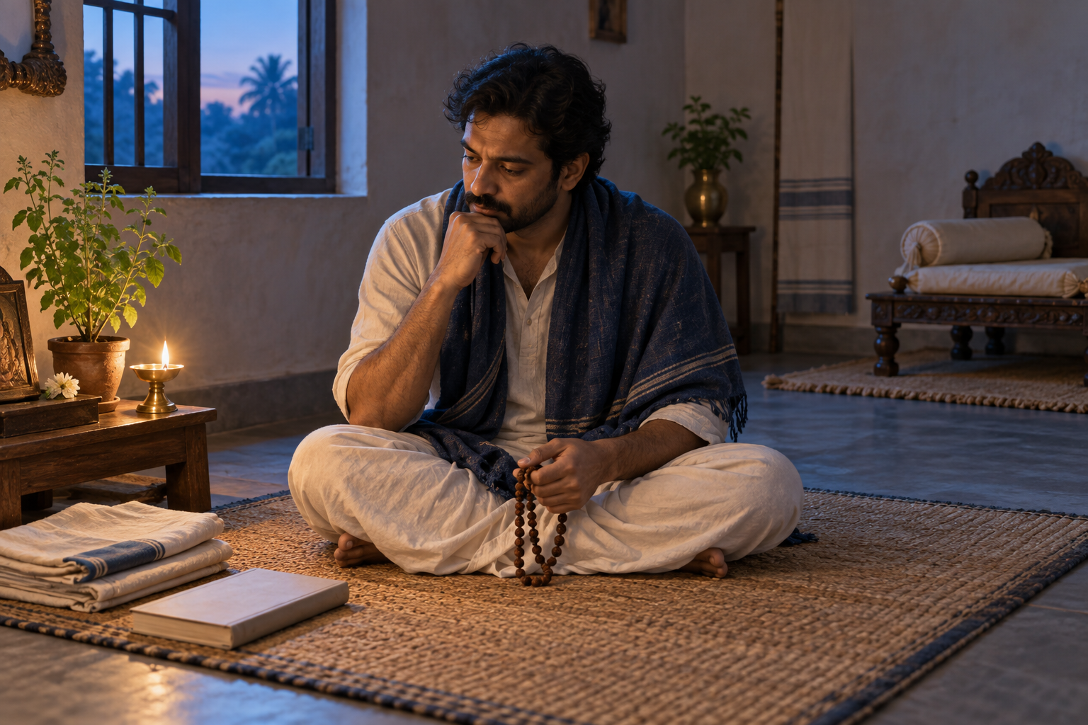 A devotee sits at floor level with prayer beads in a quiet room beside a tulasi plant, brass lamp, folded cloths, and a closed book.