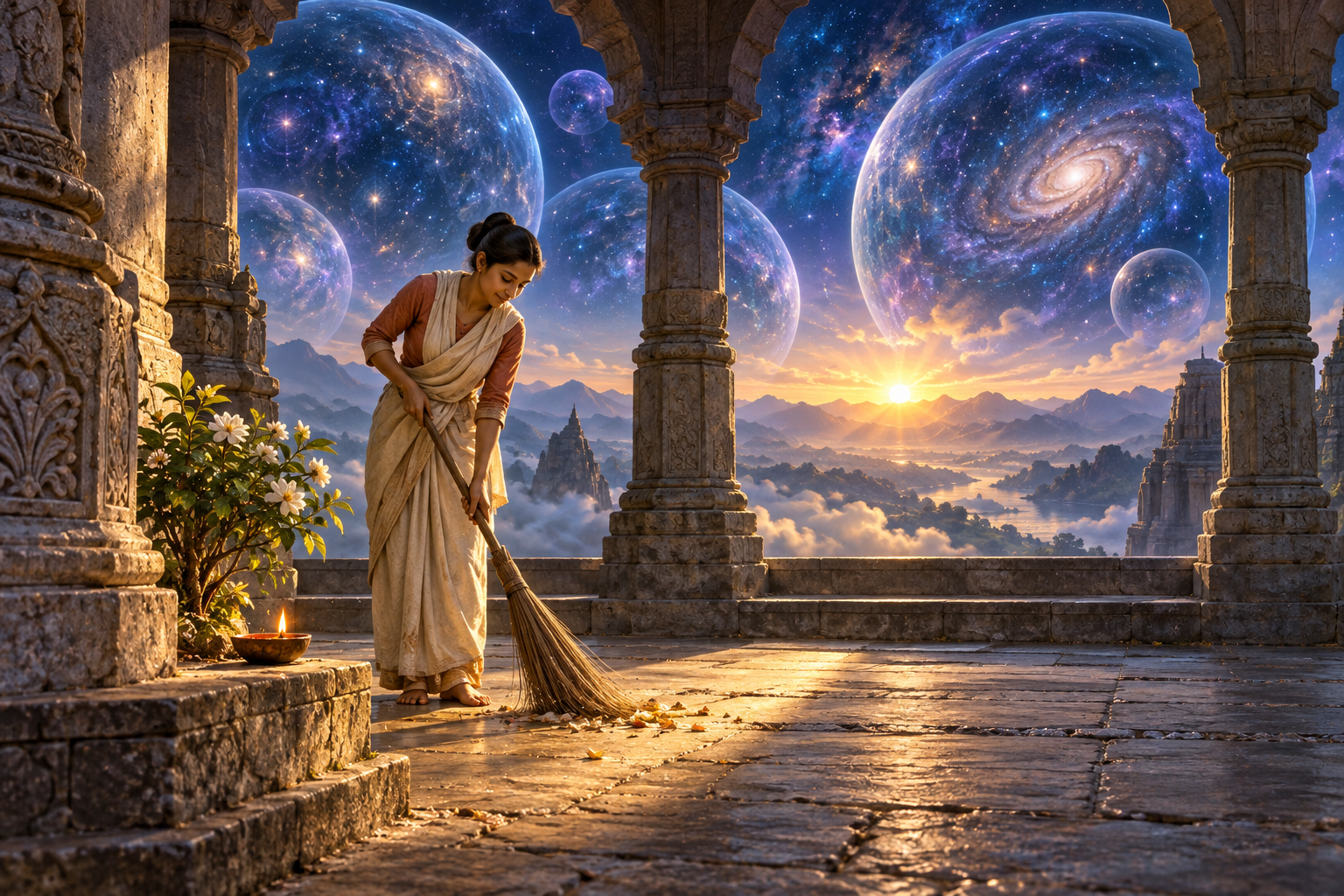 A devotee sweeps a temple courtyard beside a flowering plant while immense glowing cosmic spheres fill the dawn sky beyond the arches.